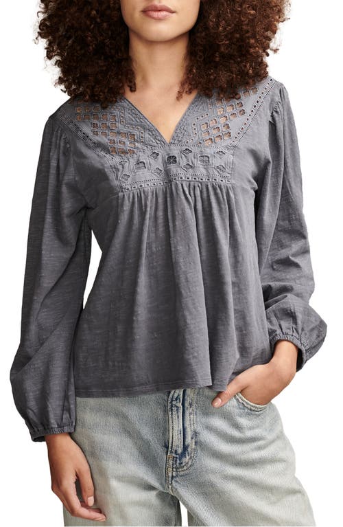 Lace Trim Cotton Peasant Top in Nightshadow Blue