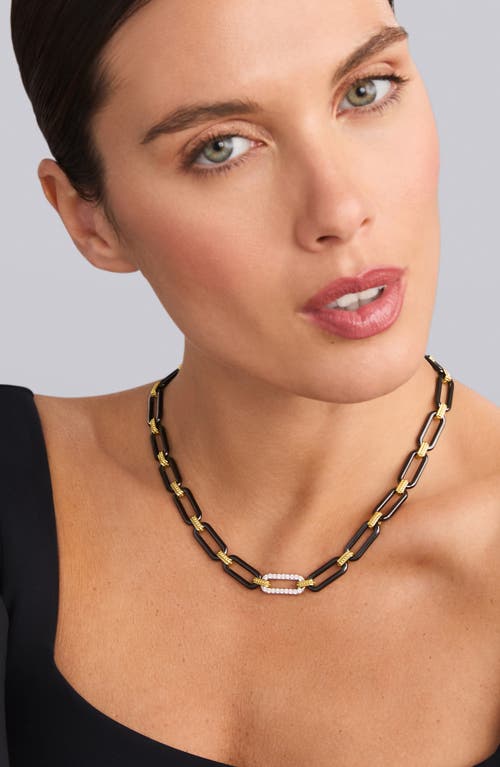 Lagos 18k Yellow & White Gold Signature Caviar Diamond & Black Ceramic Station Link Necklace, 18 In Black