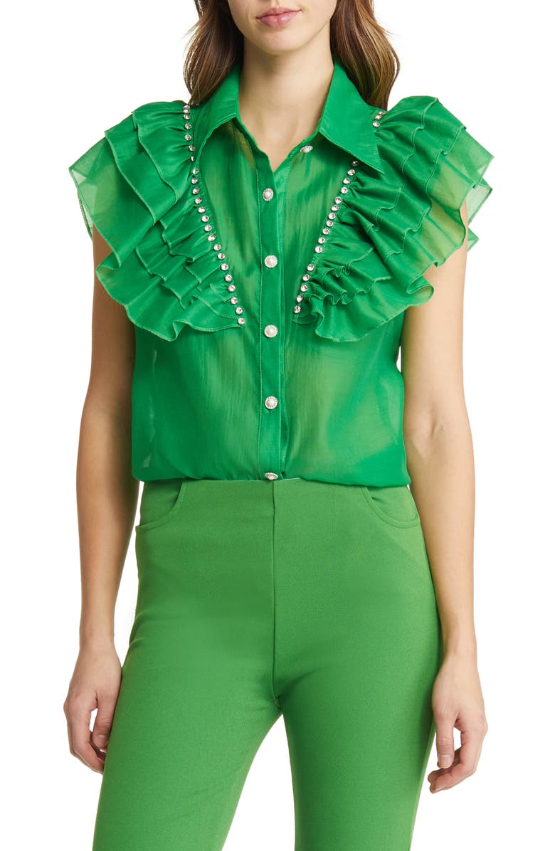 NIKKI LUND Holly Rhinestone Ruffle Button-Up Blouse, Main, color, Bright Green