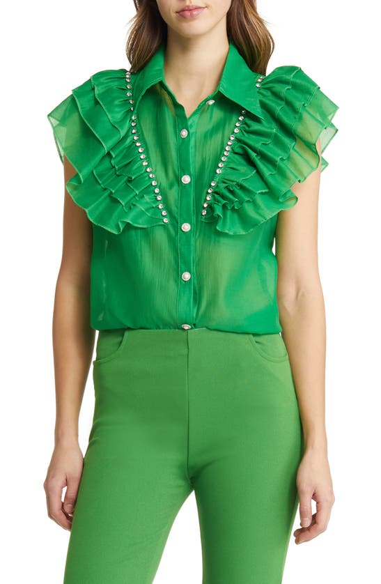 Nikki Lund Holly Rhinestone Ruffle Button-up Blouse In Bright Green