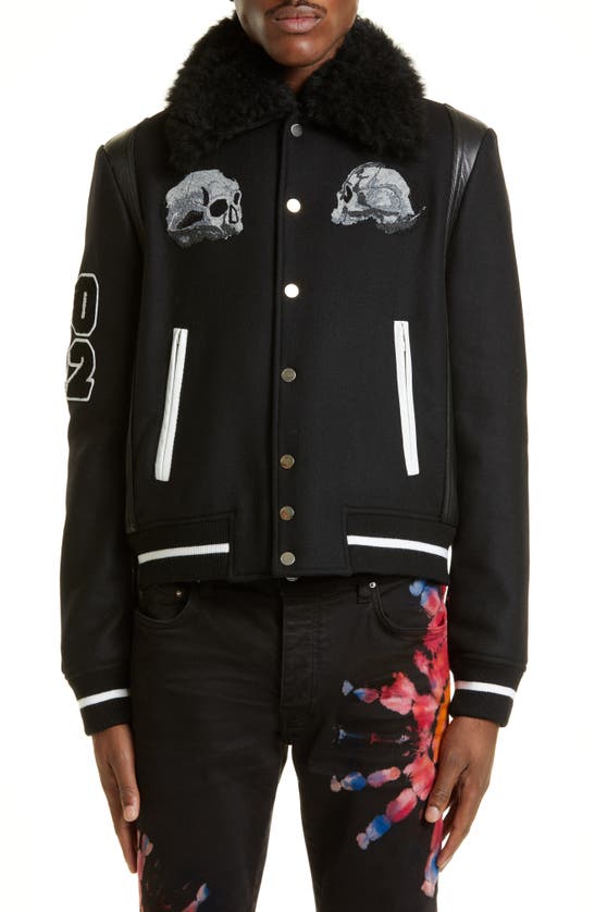 AMIRI X WES LANG SKULL PATCH WOOL BLEND VARSITY JACKET WITH GENUINE SHEARLING COLLAR