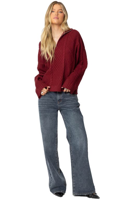 Shop Edikted Cable Stitch Oversize Quarter Zip Pullover Sweater In Burgundy