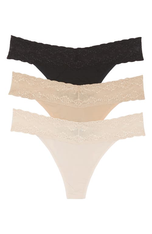 Natori Bliss 3-pack Perfection Lace Trim Thongs In Cameo Rose/black/caf