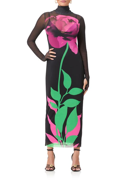 Shailene Long Sleeve Turtleneck Mesh Dress in Noir Placed Rose