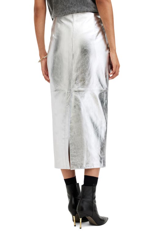 Shop Allsaints Renai Metallic Leather Midi Skirt In Silver