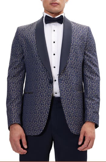 Ron Tomson Contrast Shawl Lapel Tuxedo Jacket In Navy Beige