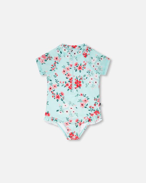 Deux Par Deux Little Girl's One Piece Rashguard Light Blue Flower Print at Nordstrom