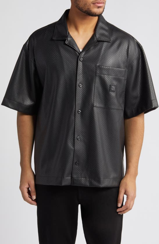 Shop Hugo Egeeno Oversize Short Sleeve Faux Leather Button-up Shirt In Black
