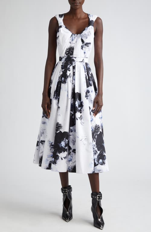 Alexander McQueen Chiaroscuro Floral Cotton Poplin Fit & Flare Dress in Ink at Nordstrom, Size 2 Us