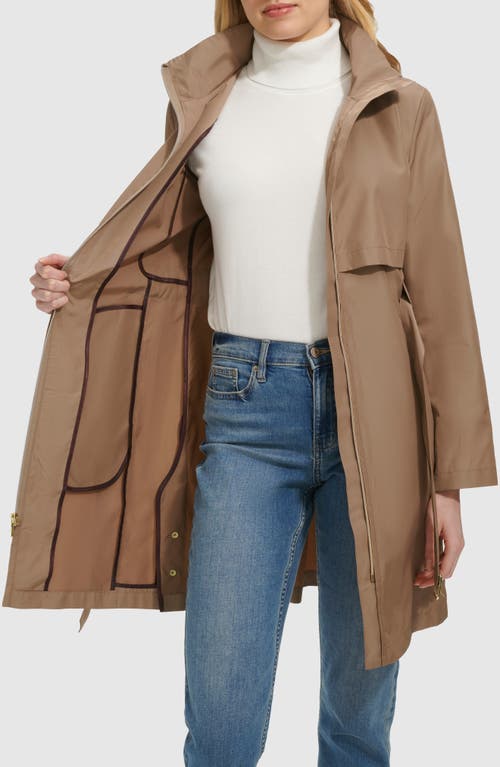 Cole Haan Belted Travel Packable Hooded Rain Jacket In Champagne