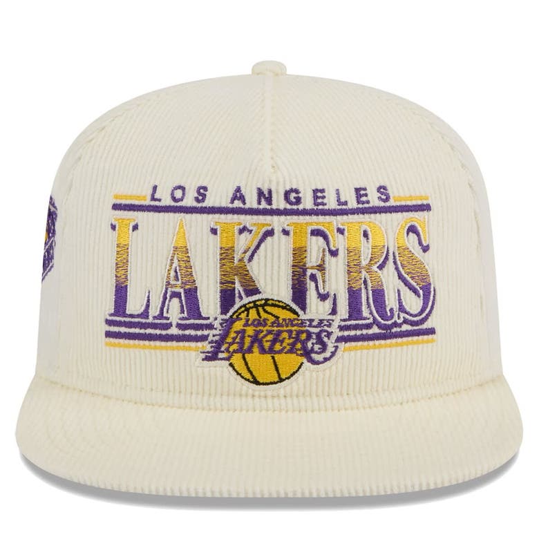 Shop New Era Cream Los Angeles Lakers Team Bar Lightweight Corduroy Golfer Snapback Hat