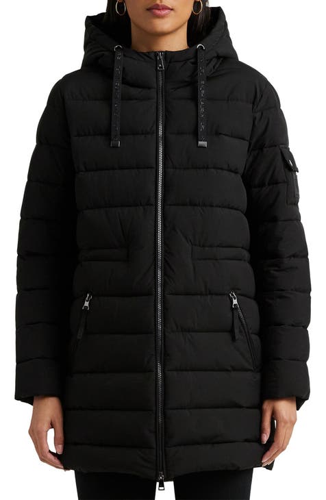 Nautica Women's 3/4 Stretch Puffer Jacket with Fur Hood and Half Back