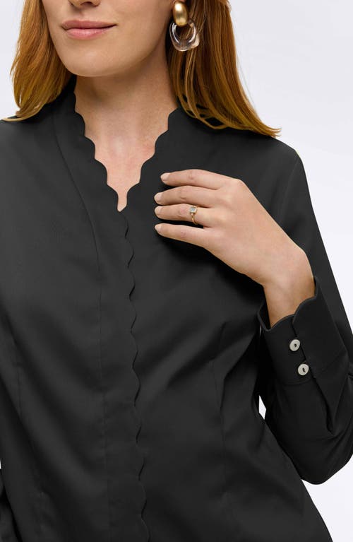 Shop Foxcroft Bridget Scalloped Matte Sateen Button-up Shirt In Black