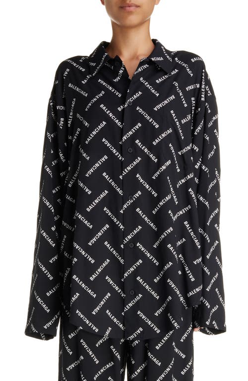 Shop Balenciaga Relaxed Fit Logo Print Button-up Shirt In Black/white