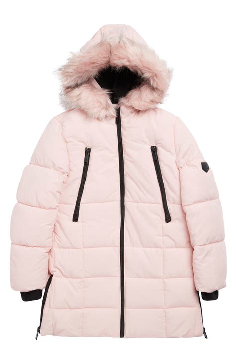 Kids' Box Quilted Puffer Coat with Faux Fur Trim Hood (Little Kid)