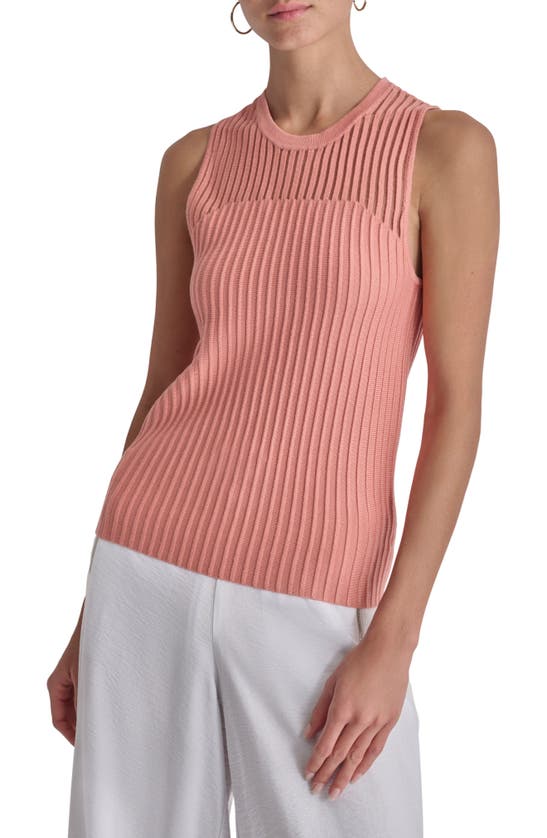 Shop Dkny Stripe Sheer Yoke Sleeveless Sweater In Summer Rouge