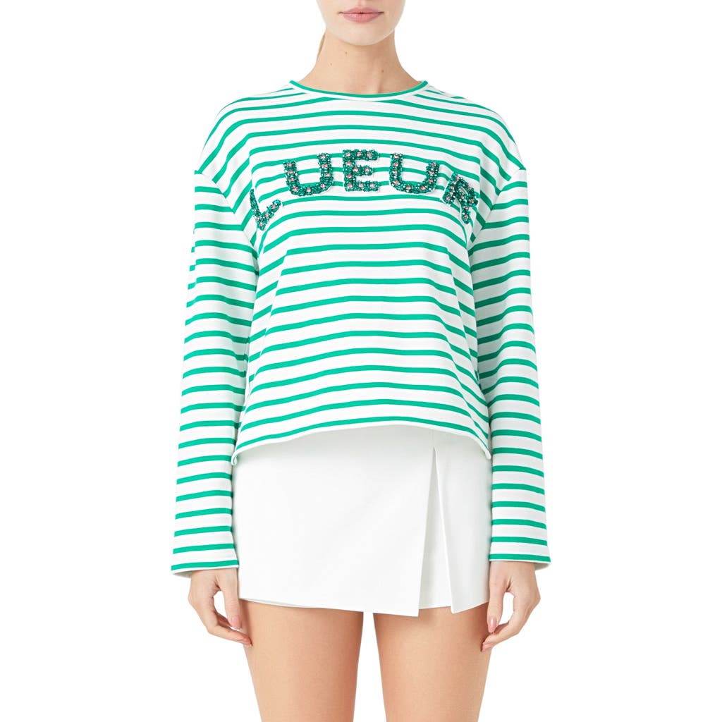 Shop Endless Rose Lueur Stripe Long Sleeve Knit Top In White/green