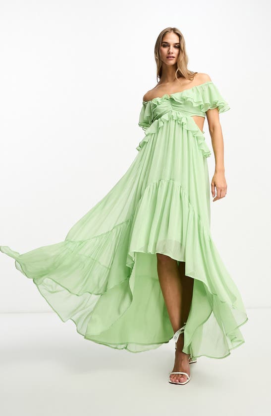 Asos Design Ruffle Cut Out Off The Shoulder Maxi Dress With Hi Low Hem In Sage Green