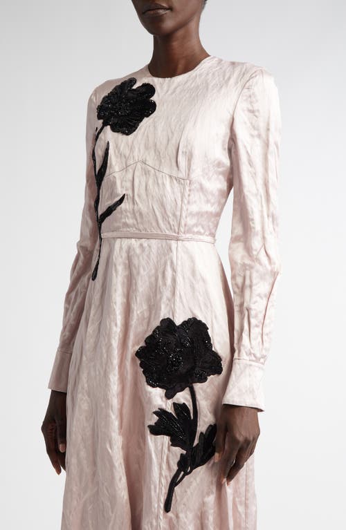 ERDEM ERDEM EMBELLISHED ROSE APPLIQUÉ LONG SLEEVE RUMPLED SATIN MIDI DRESS 