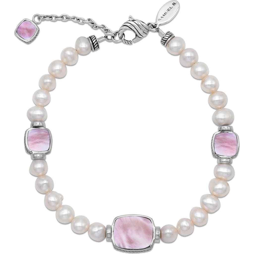 Shop Samuel B. Sterling Silver 7–8mm Pearl & Pink Mother-of-pearl Station Bracelet In Pink/white