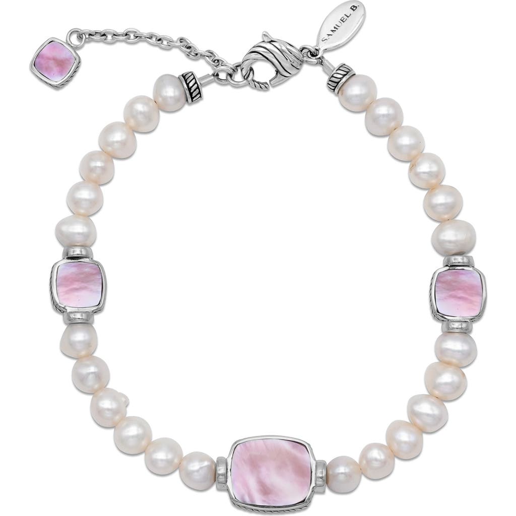 Samuel B. Sterling Silver 7–8mm Pearl & Pink Mother-of-pearl Station Bracelet In Pink/white