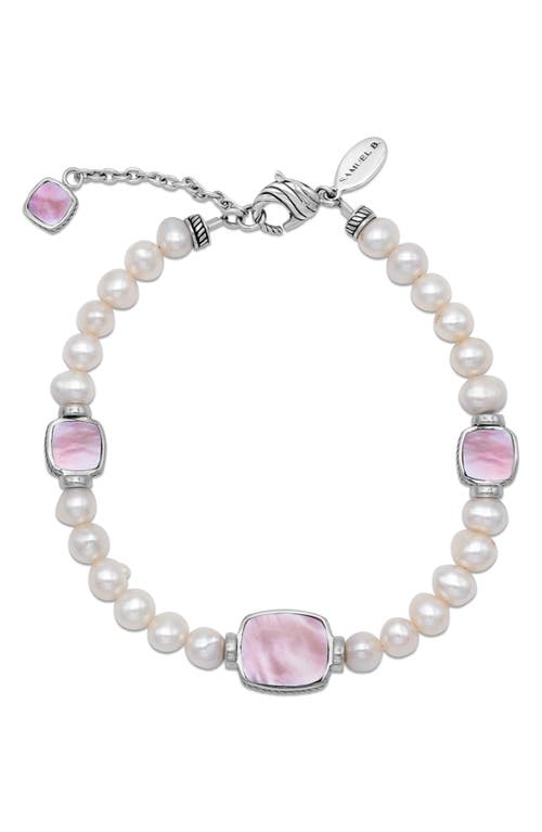 Shop Samuel B. Sterling Silver 7–8mm Pearl & Pink Mother-of-pearl Station Bracelet In Pink/white