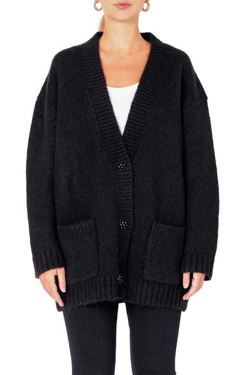 Endless Rose Jewel Button Oversize Cardigan In Jet Black