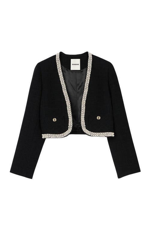 Shop Sandro Cropped Tweed Jacket In Black