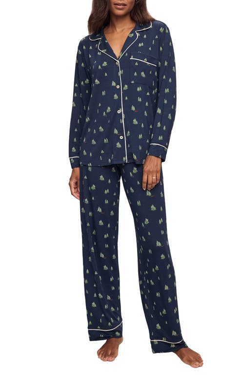 Eberjey Gisele Printed Long Pajama Set In Woodland Pine Navy/ivory
