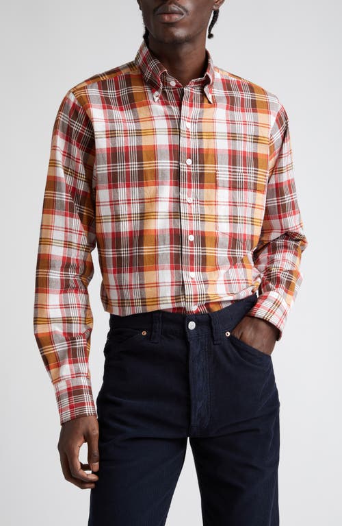Drake's Madras Plaid Button-down Shirt In Brown/red