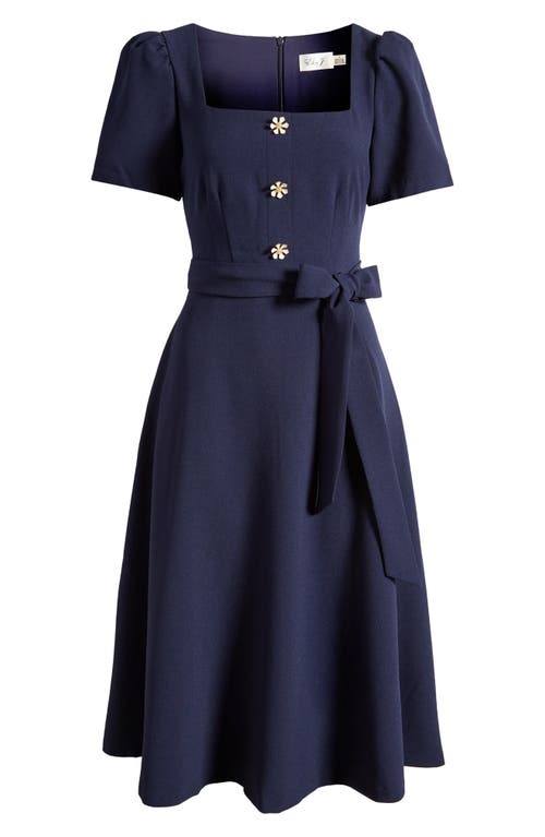 Daisy Button Detail Square Neck Dress in Navy