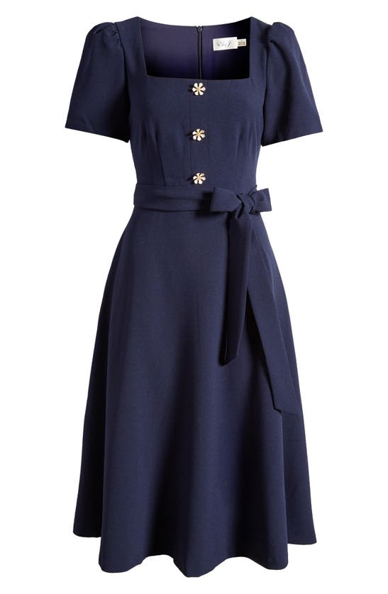 Shop Eliza J Daisy Button Detail Square Neck Dress In Navy