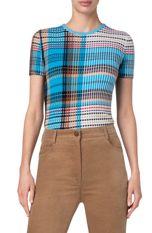 Shop Akris Punto Tartan Short Sleeve Wool Rib Sweater In Multicolor