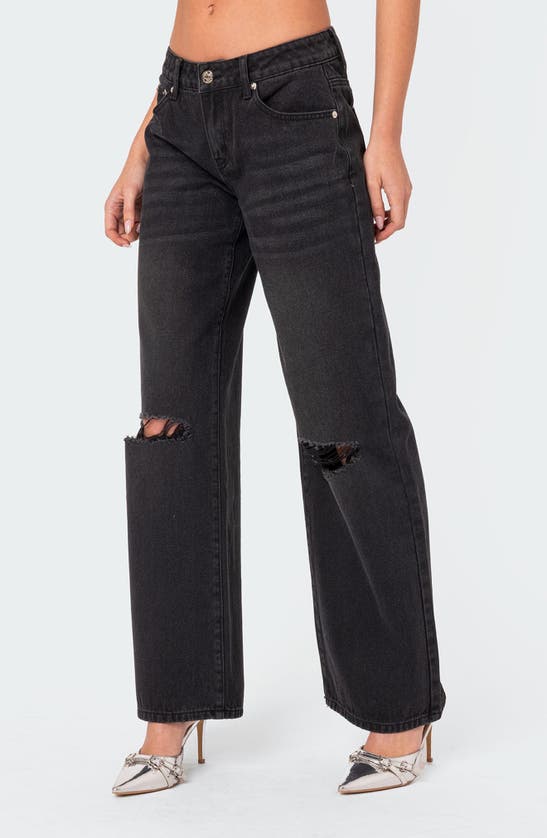 Shop Edikted Debbie Ripped Low Rise Wide Leg Jeans In Black