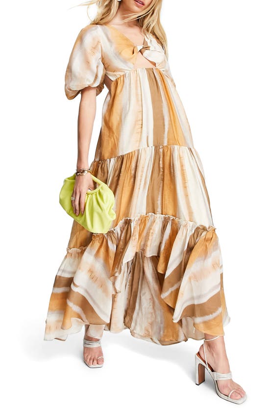 Asos Design Tiered Voile Maxi Dress With Twist Front Detail In Stripe-multi In Yellow