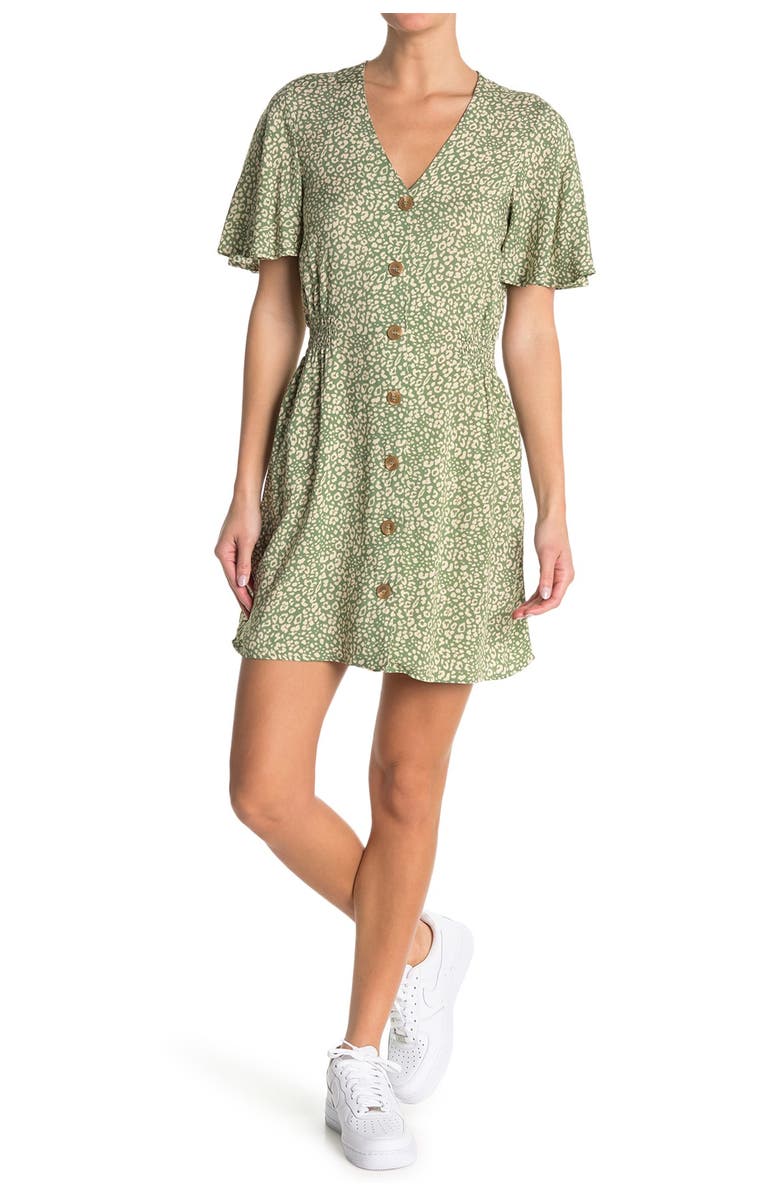 ABOUND Flutter Sleeve Button Front Dress, Main, color, OLIVE ANIMAL