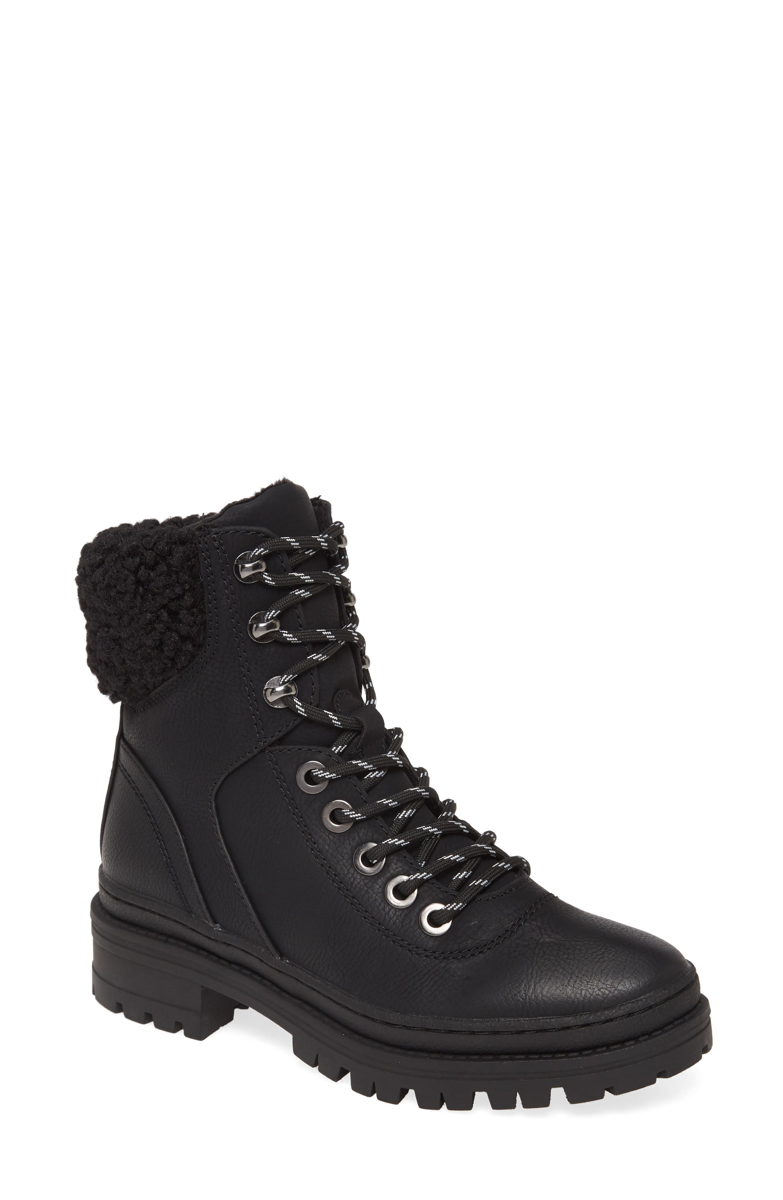 New Steve Madden Women/'s Keystone Faux Fur Trim Lace-Up Black Boot Size 7