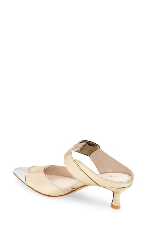 Shop Koko + Palenki Paloma Pointed Cap Toe Kitten Heel Mule In Gold Metallic Leather