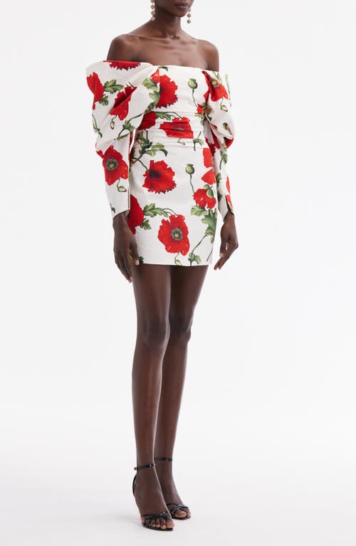 Shop Oscar De La Renta Poppies Off The Shoulder Long Sleeve Minidress In White/red