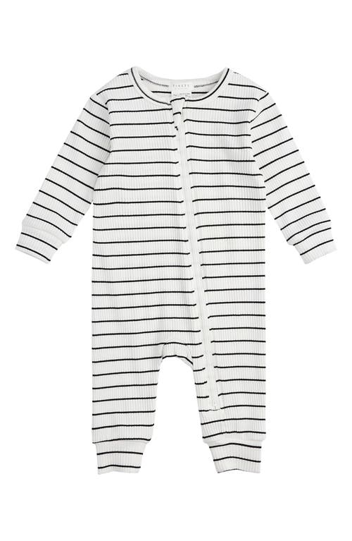 FIRSTS by Petit Lem Stripe Organic Cotton Blend Rib Fitted Pajama Romper Off White at Nordstrom,
