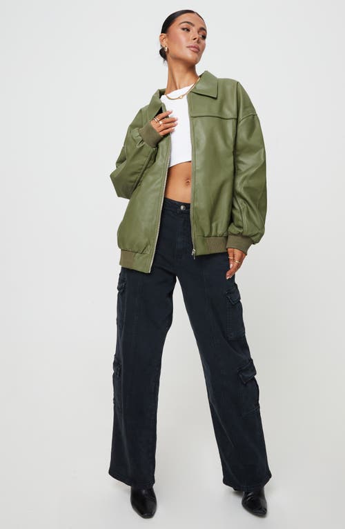 Shop Princess Polly Goldsmith Oversize Faux Leather Bomber Jacket In Green