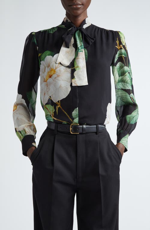 Giambattista Valli Giant Bloom Print Tie Neck Cashmere & Silk Button-up Shirt In Black