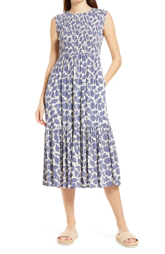 Treasure & Bond Smocked Sleeveless Midi Dress In Ivory- Navy Winterbloom