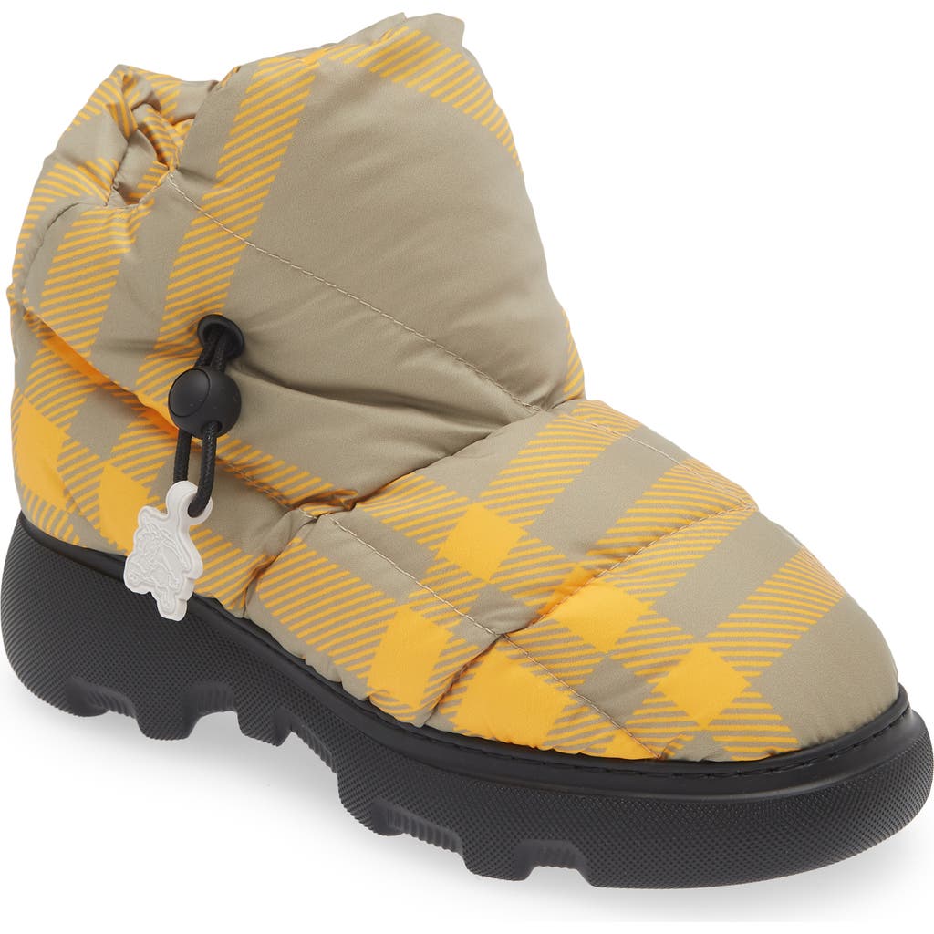Burberry Check Pillow Padded Drawstring Snow Boots In Hunter/mimosa