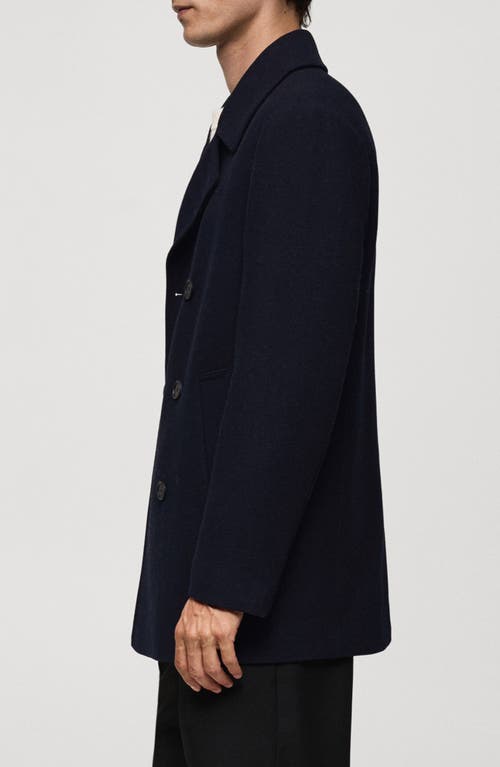 Shop Mango Double Breasted Wool Blend Coat In Dark Navy