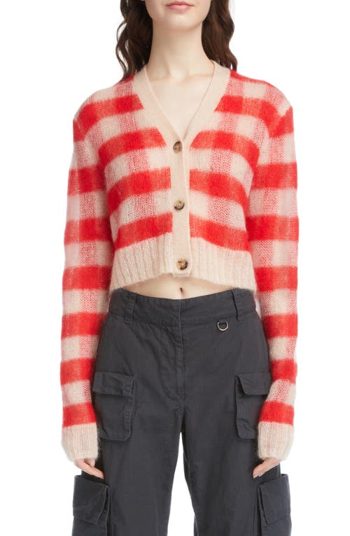 Acne Studios Kodilia Vichy Gingham Check Mohair Blend Crop Cardigan in Light Beige/Red