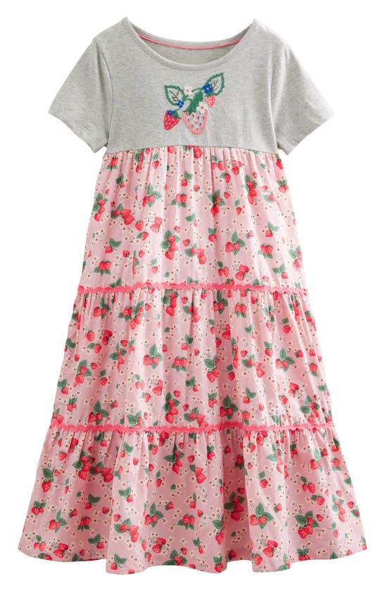 Mini Boden Kids' Print Tiered Cotton Maxi Dress In French Pink Strawberry