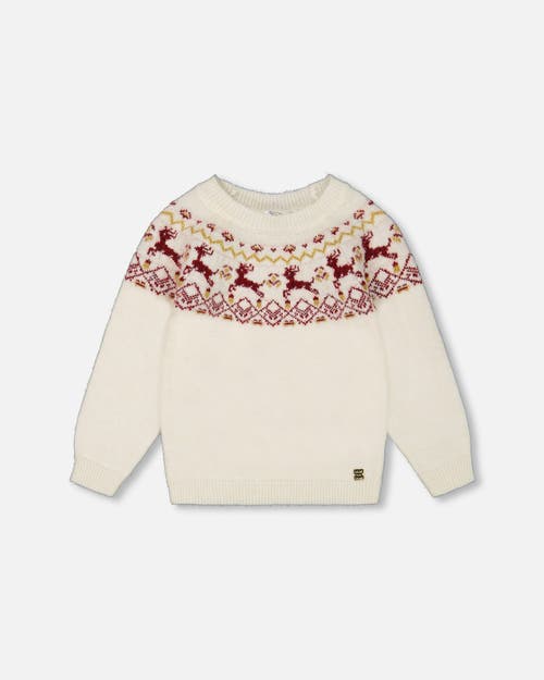 Deux Par Deux Little Girl's Sweater With Christmas Intarsia Off White And Red In Off White