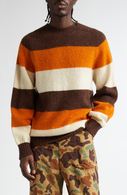 BEAMS Shaggy Stripe Wool Crewneck Sweater in Brown 28 