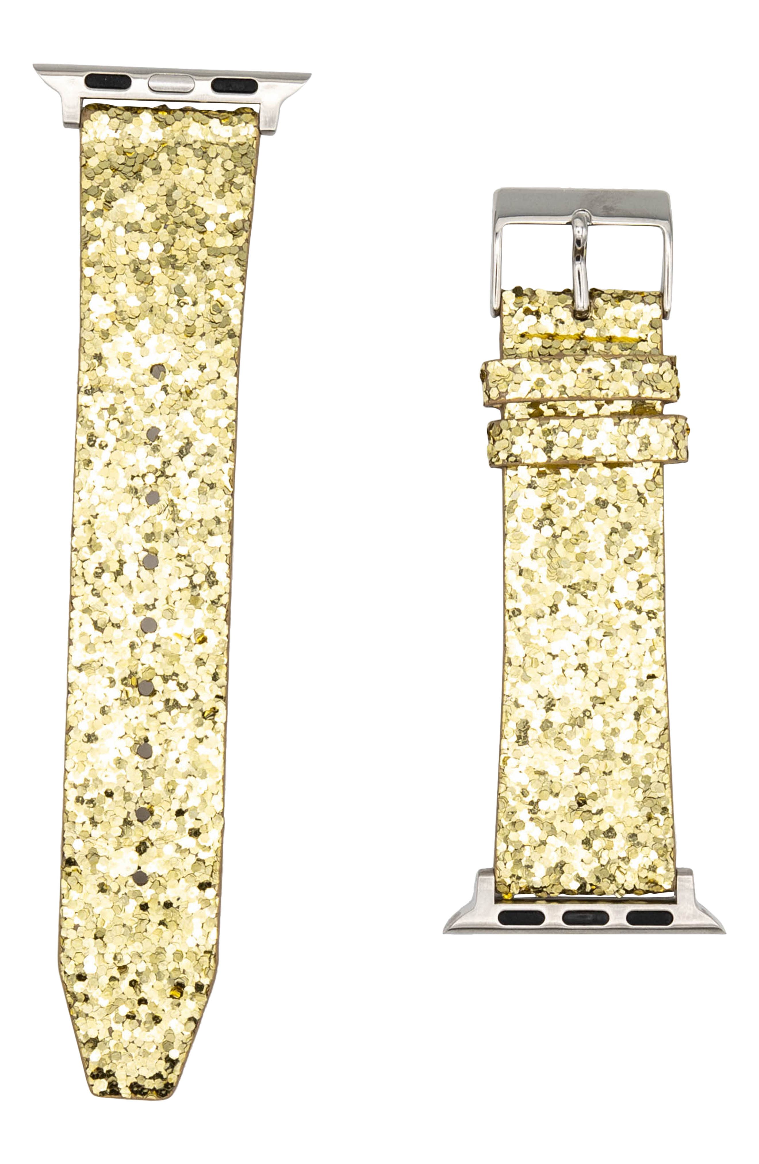 Rebecca Minkoff Glitter Leather Apple Watch(R) Band in Gold at Nordstrom